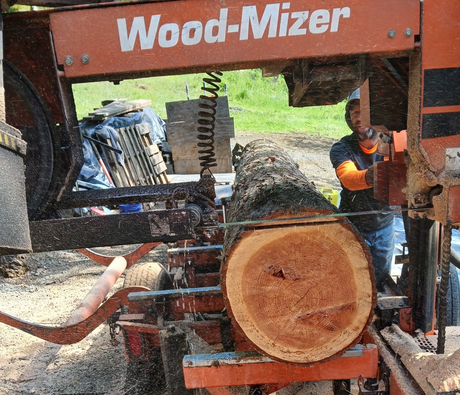 Wood-Mizer machine removing bark on log