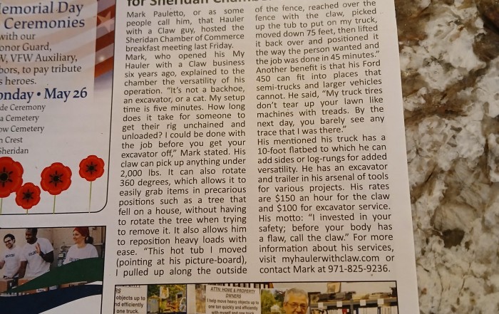 West Valley Bulletin Board article titled "My Hauler With Claw Picks up Tab For Sheridan Chamber Breakfast"