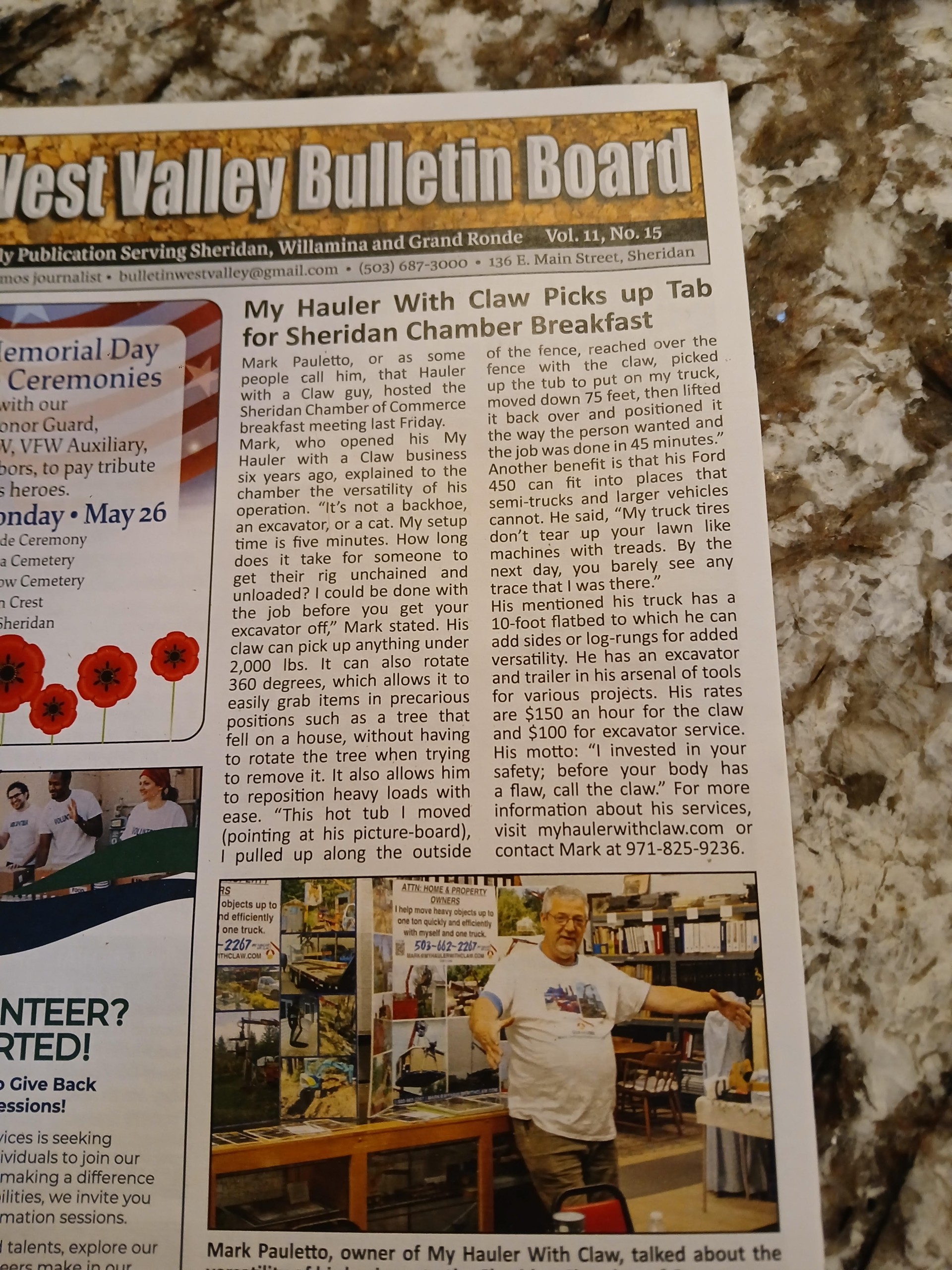 West Valley Bulletin Board article titled "My Hauler With Claw Picks up Tab For Sheridan Chamber Breakfast"